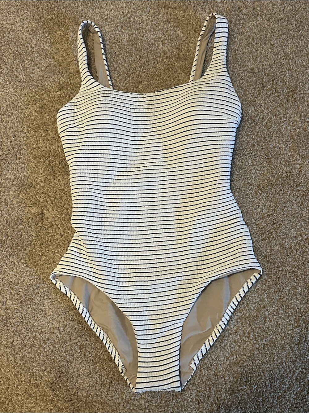 Lululemon Waterside Square-Neck Hyper Stripe Swimsuit in black and white